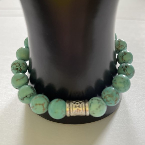 10mm Blue Turquoise with Sterling Silver Accent Beaded Stretch Bracelet - Picture 3 of 7